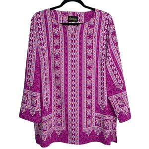 Bob Mackie Wearable Art Purple Patterned 3/4 Sleeve Boho Tunic Blouse